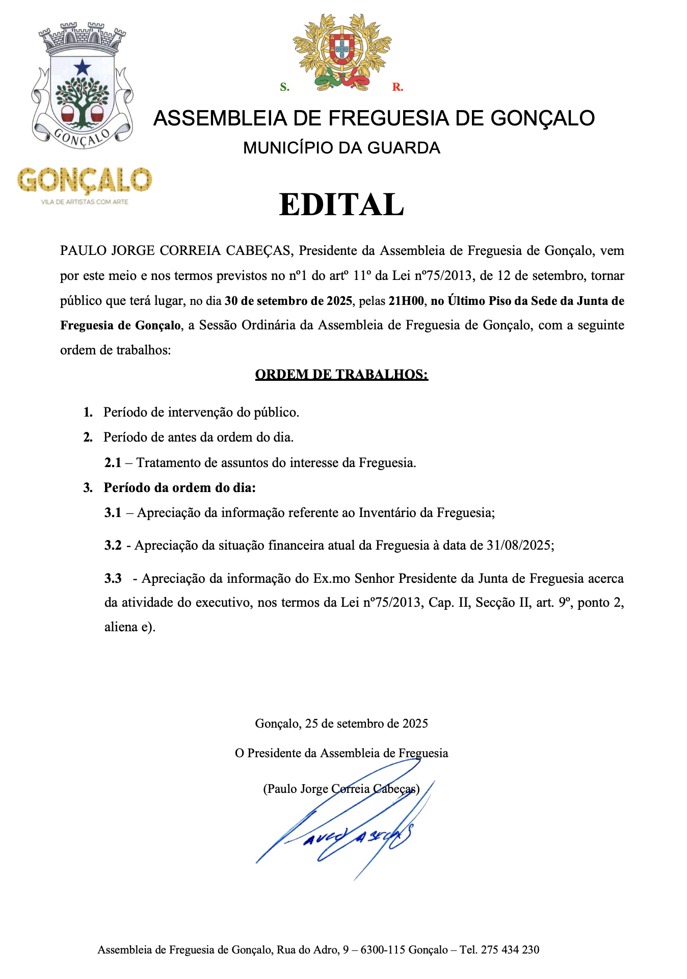 Notícia EDITAL - Sessão Ordinária da Assembleia de Freguesia de Gonçalo - 30 de setembro de 2025