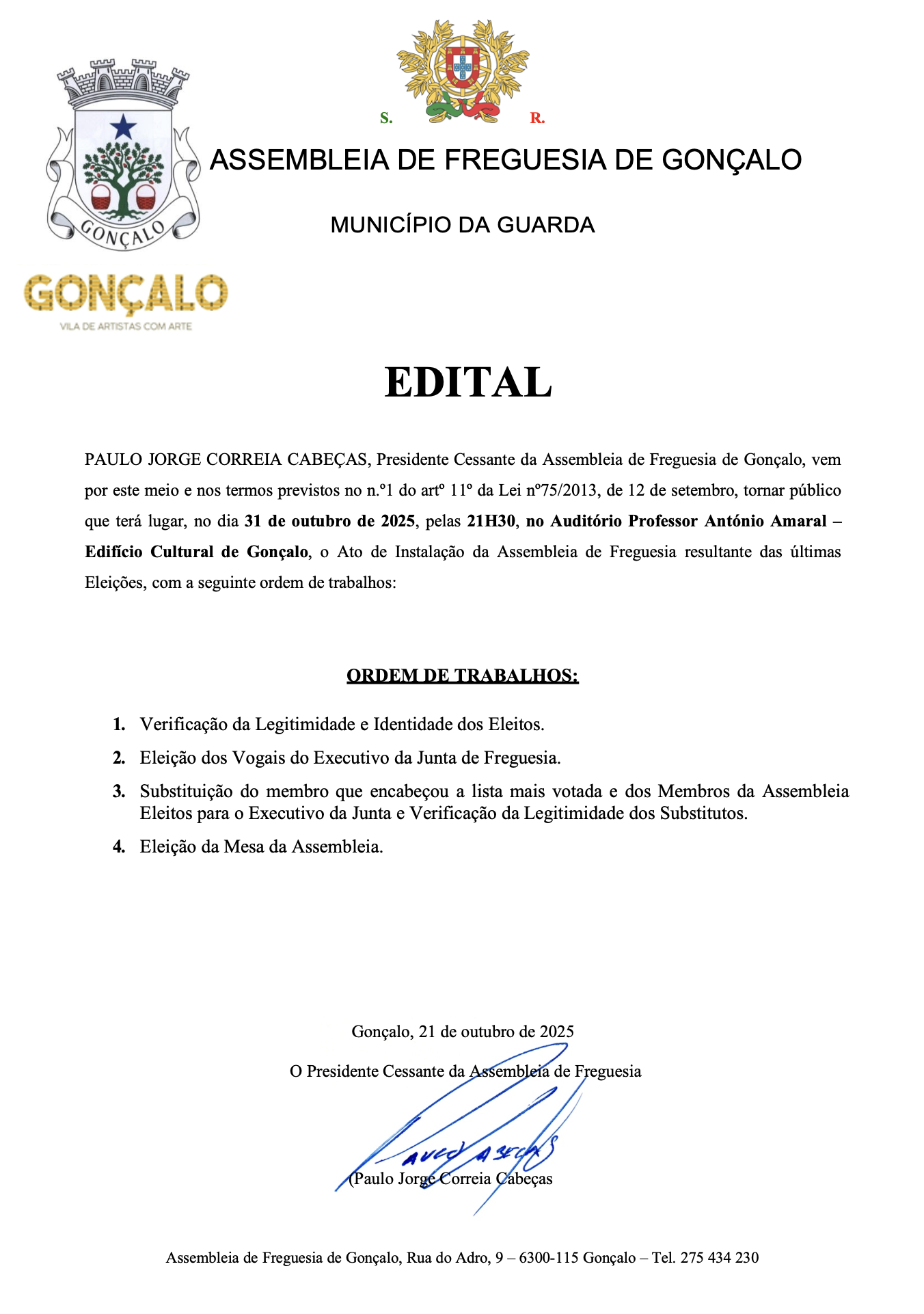 Notícia Edital - Ato de Instalação da Assembleia de Freguesia da Freguesia de Gonçalo - Mandato 2025/2029