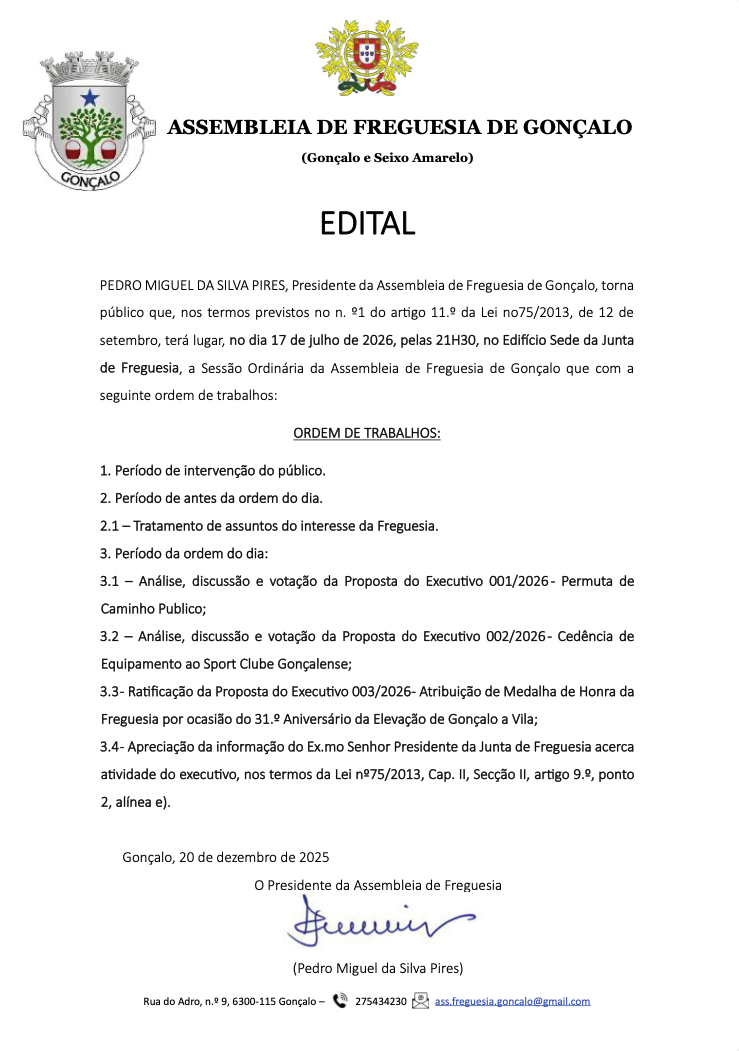 Notícia Edital - Sessão Ordinária da Assembleia de Freguesia a 17 de julho de 2026